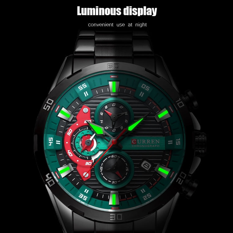 Curren 8402 Calendar Six-Hand Steel Strap Business Quartz Watch, Color: Black Shell Green - Metal Strap Watches by Curren | Online Shopping South Africa | PMC Jewellery | Buy Now Pay Later Mobicred