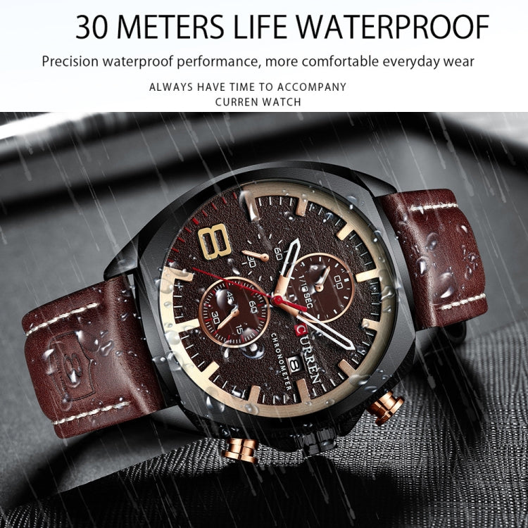 Curren 8324 Six-hand Leather Strap Waterproof Men Watch With Calendar, Color: Black Shell Khaki - Leather Strap Watches by Curren | Online Shopping South Africa | PMC Jewellery | Buy Now Pay Later Mobicred