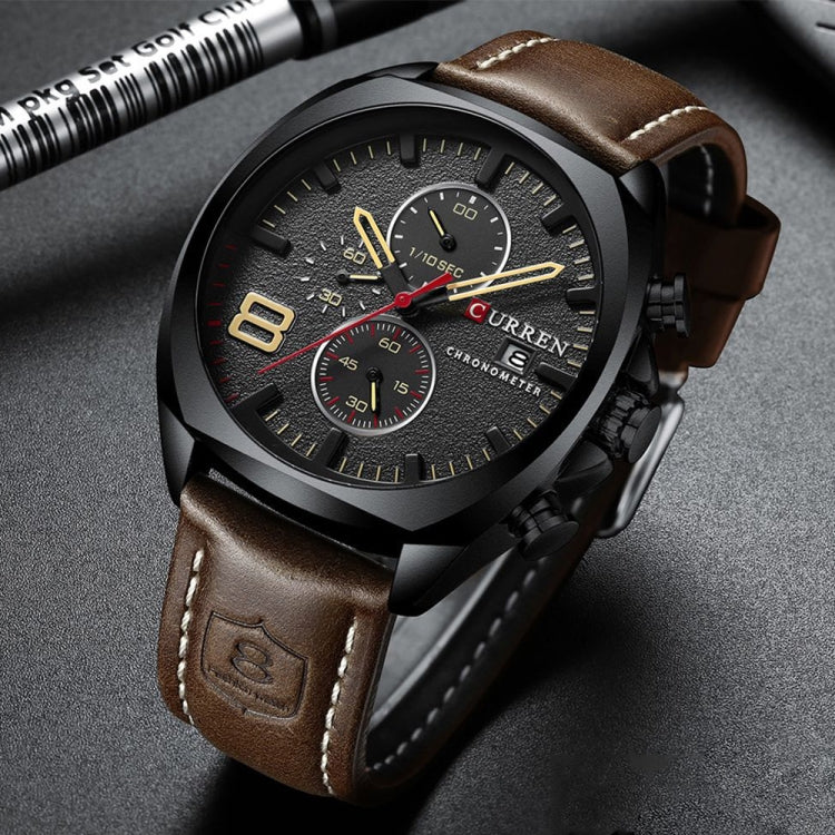 Curren 8324 Six-hand Leather Strap Waterproof Men Watch With Calendar, Color: Black Shell Khaki - Leather Strap Watches by Curren | Online Shopping South Africa | PMC Jewellery | Buy Now Pay Later Mobicred