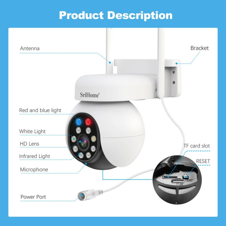 SriHome SH052B Wifi 5MP Wireless PTZ IP AI Auto Tracking Sound&Light Alarm Starlight Color Night Vision Outdoors Surveillance Camera, Plug: UK - Dome Camera by SriHome | Online Shopping South Africa | PMC Jewellery | Buy Now Pay Later Mobicred