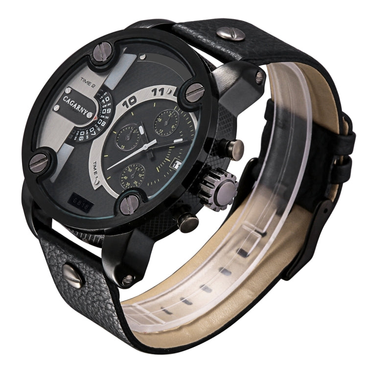 CAGARNY 6818 Fashionable DZ Style Large Dial Dual Clock Quartz Movement Sport Wrist Watch with Leather Band & Calendar Function for Men(Black Band Black Case) - Leather Strap Watches by CAGARNY | Online Shopping South Africa | PMC Jewellery | Buy Now Pay Later Mobicred